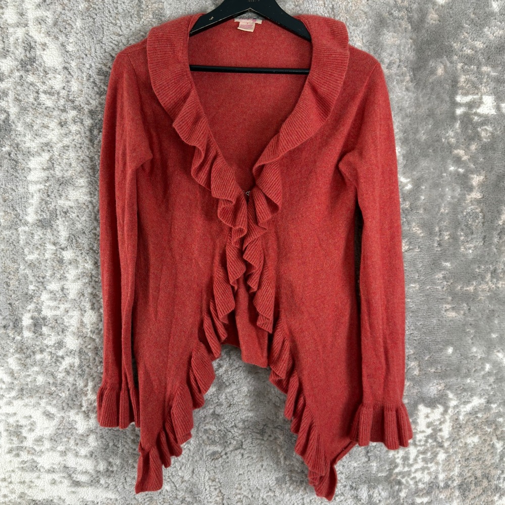 Pink Pineapple Sz S 100% Cashmere Ruffle Open Cardigan Orange Long Sleeve Women